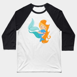 Cute Mermaid, Little Mermaid, Orange Hair, Dolphin Baseball T-Shirt